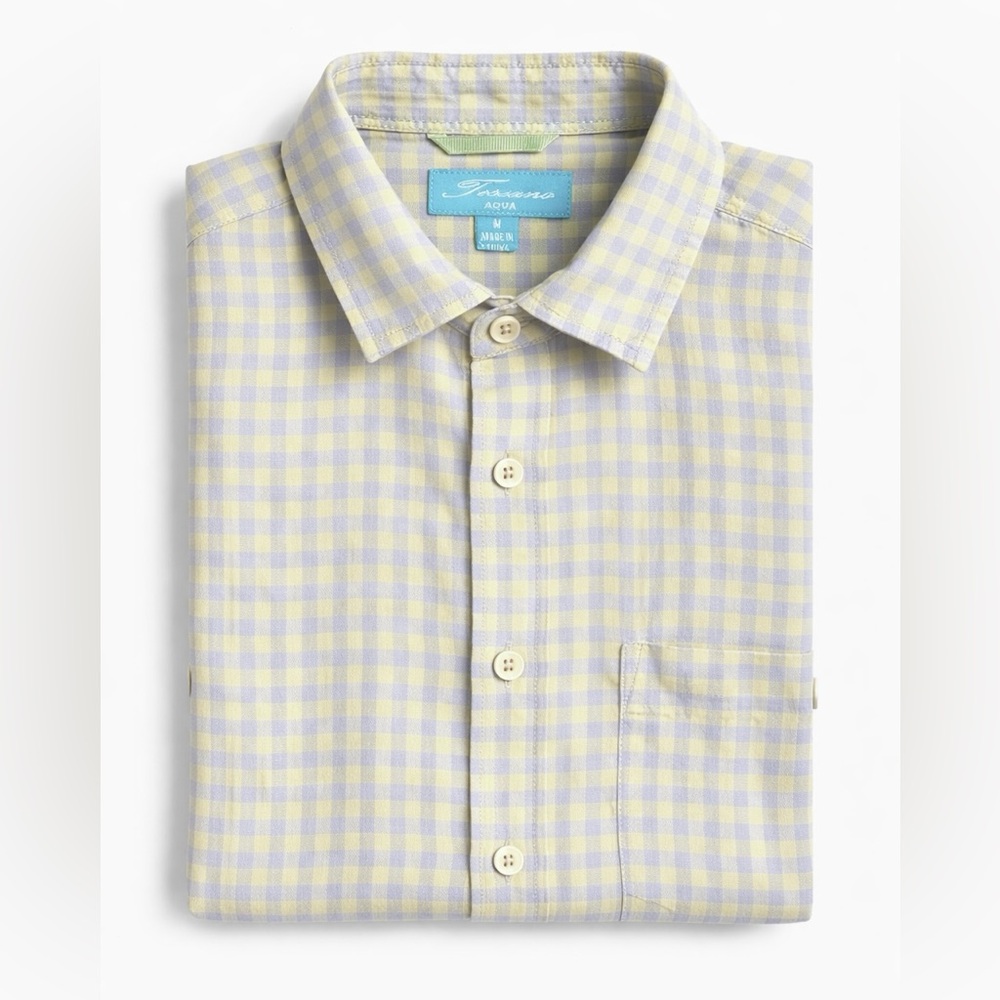 Toscano Aqua 100% Linen Short Sleeve Shirt Beige and Purple Check Men’s Medium